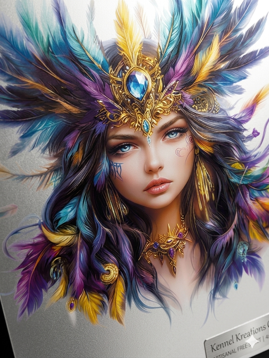 Bohemian Feather Goddess Metal Art Print – 4x6 Vibrant Free-Spirit Desk Decor