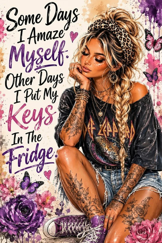 Some Days I Amaze Myself boho funny art print featuring tattooed woman with purple roses and butterflies