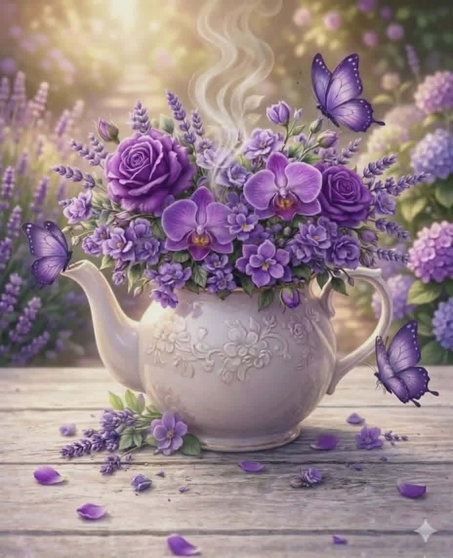 Decorative teapot filled with purple flowers and butterflies on a wooden surface.