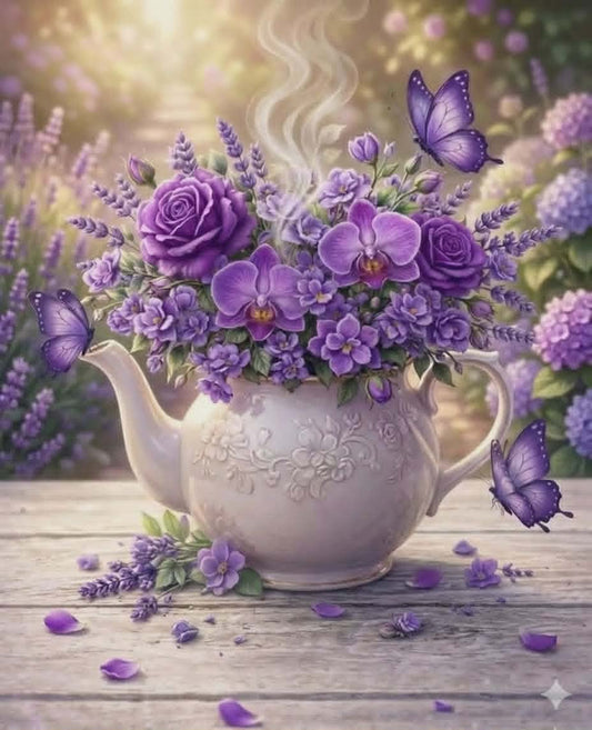Decorative teapot filled with purple flowers and butterflies on a wooden surface.
