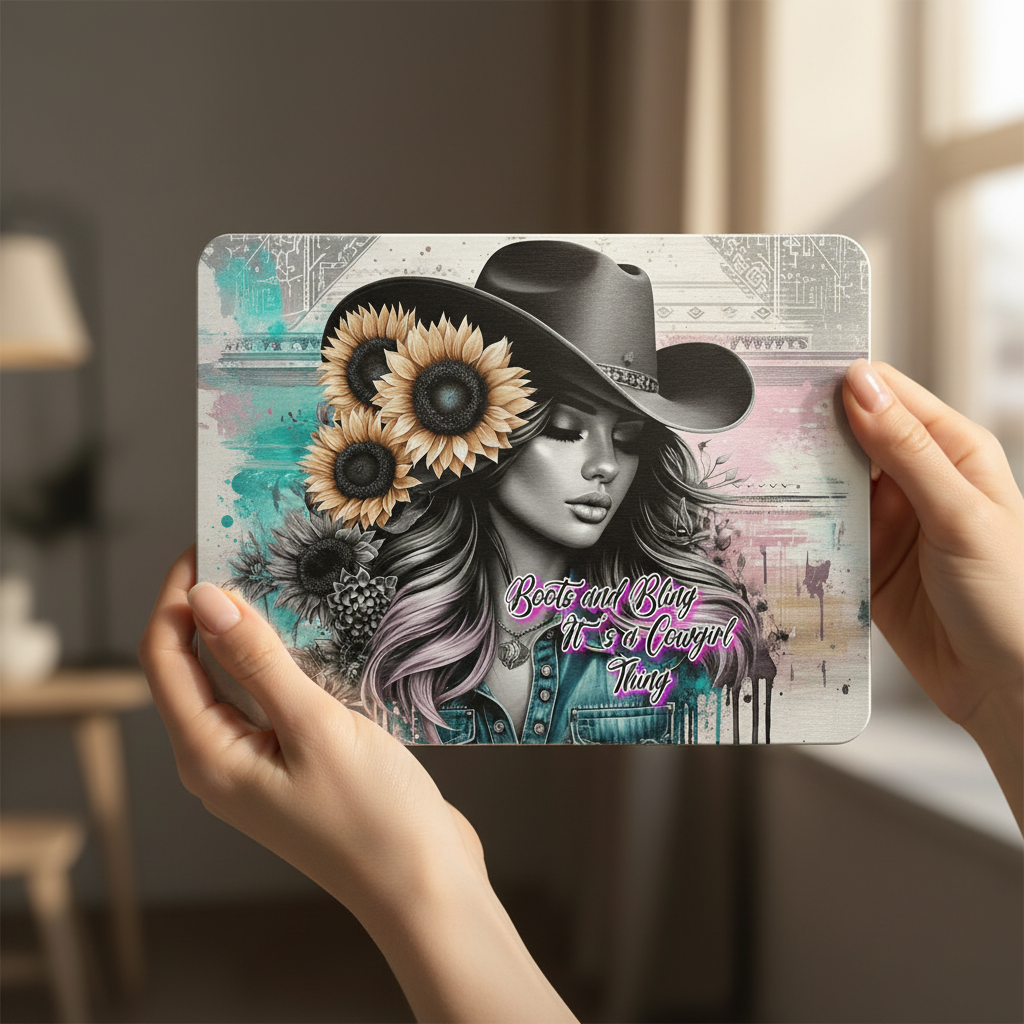 Small 8x10 Boots and Bling metal tin art print held in hands showing compact size and print detail