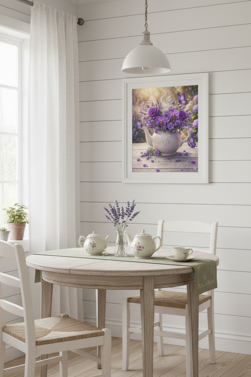 Purple floral teapot art print displayed in a white frame in a charming cottage kitchen with lavender accents