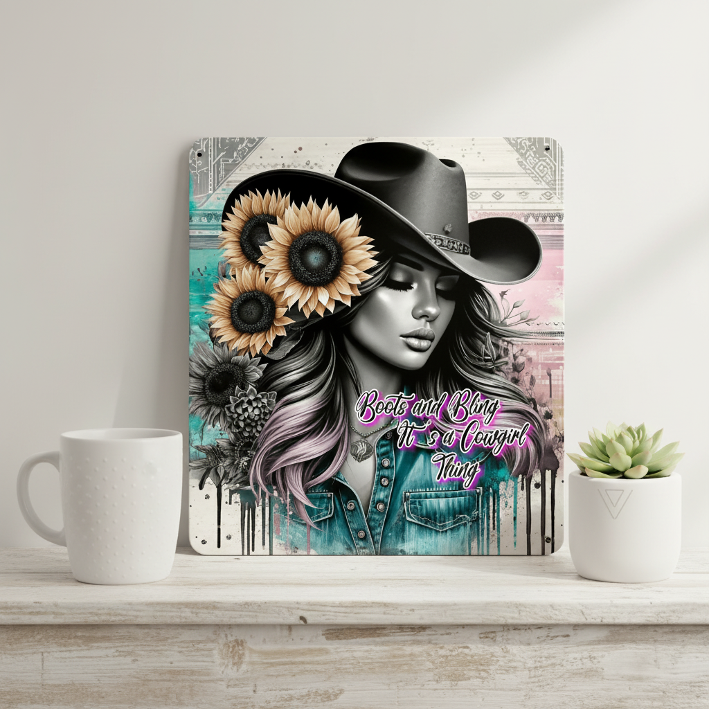 8x10 Boots and Bling metal print shown next to everyday objects to show its compact size