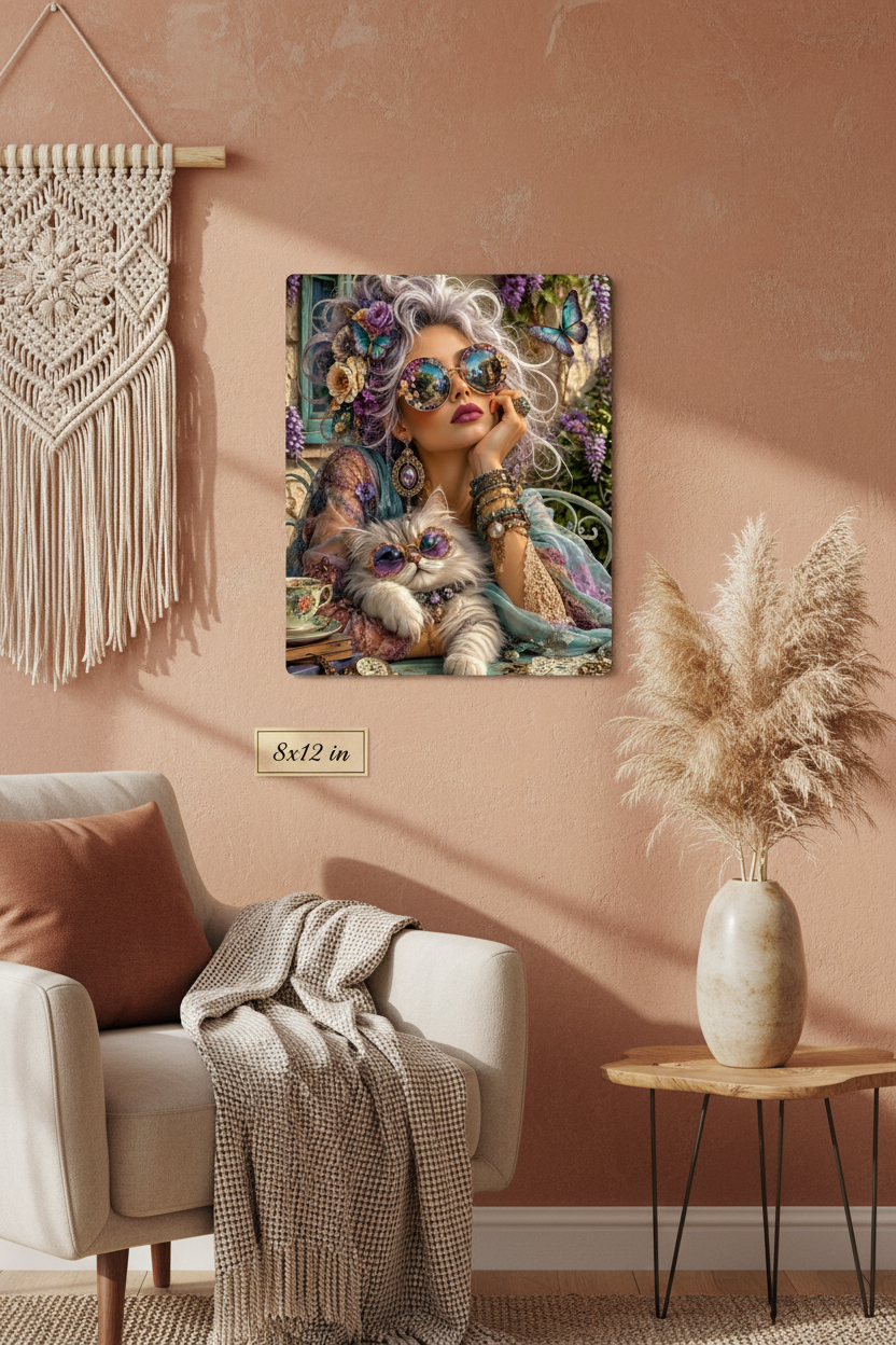 Boho Queen & Her Cat 8x12 metal print displayed on a boho living room wall with size label