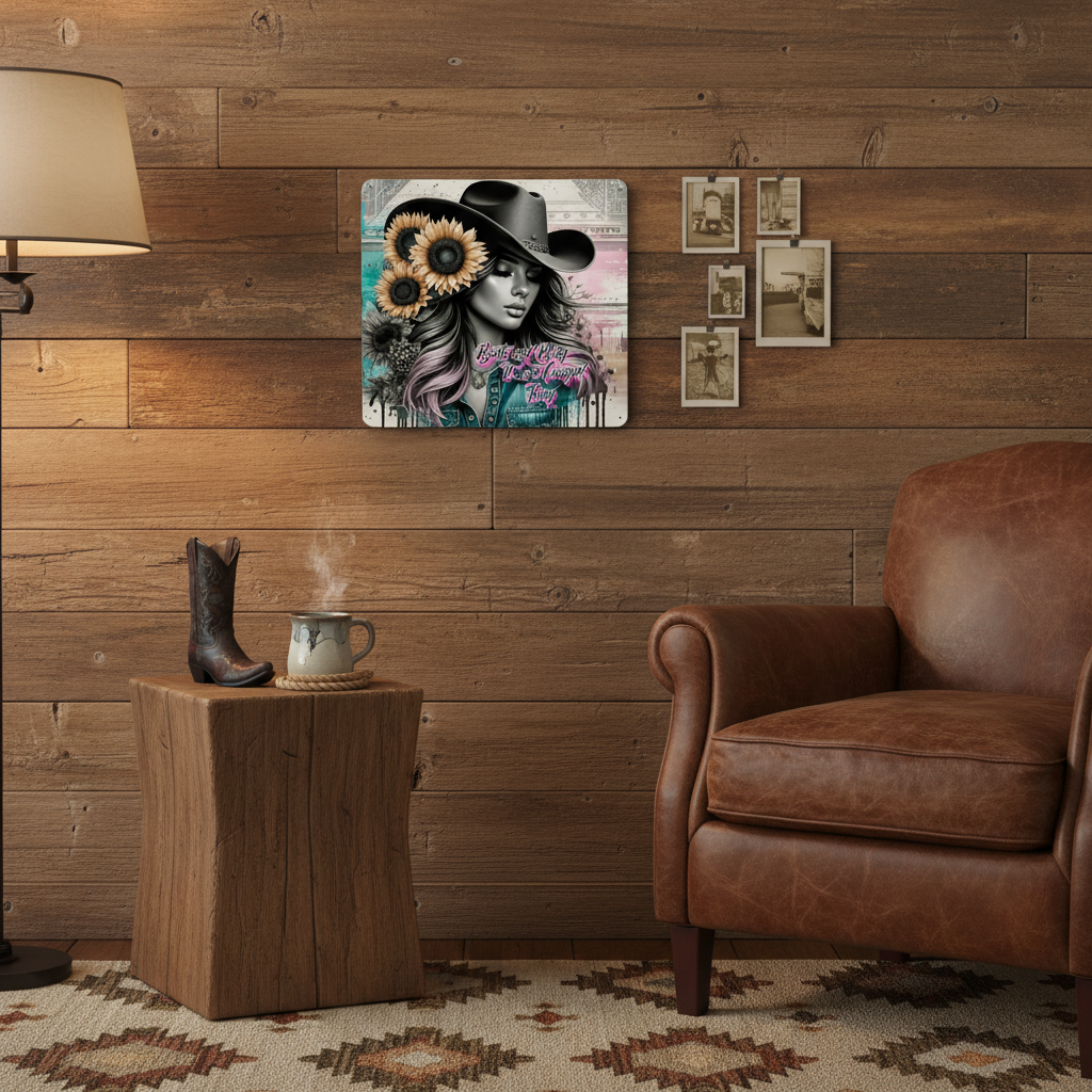Small 8x10 Boots and Bling metal tin art print displayed as a petite accent on a rustic wood wall
