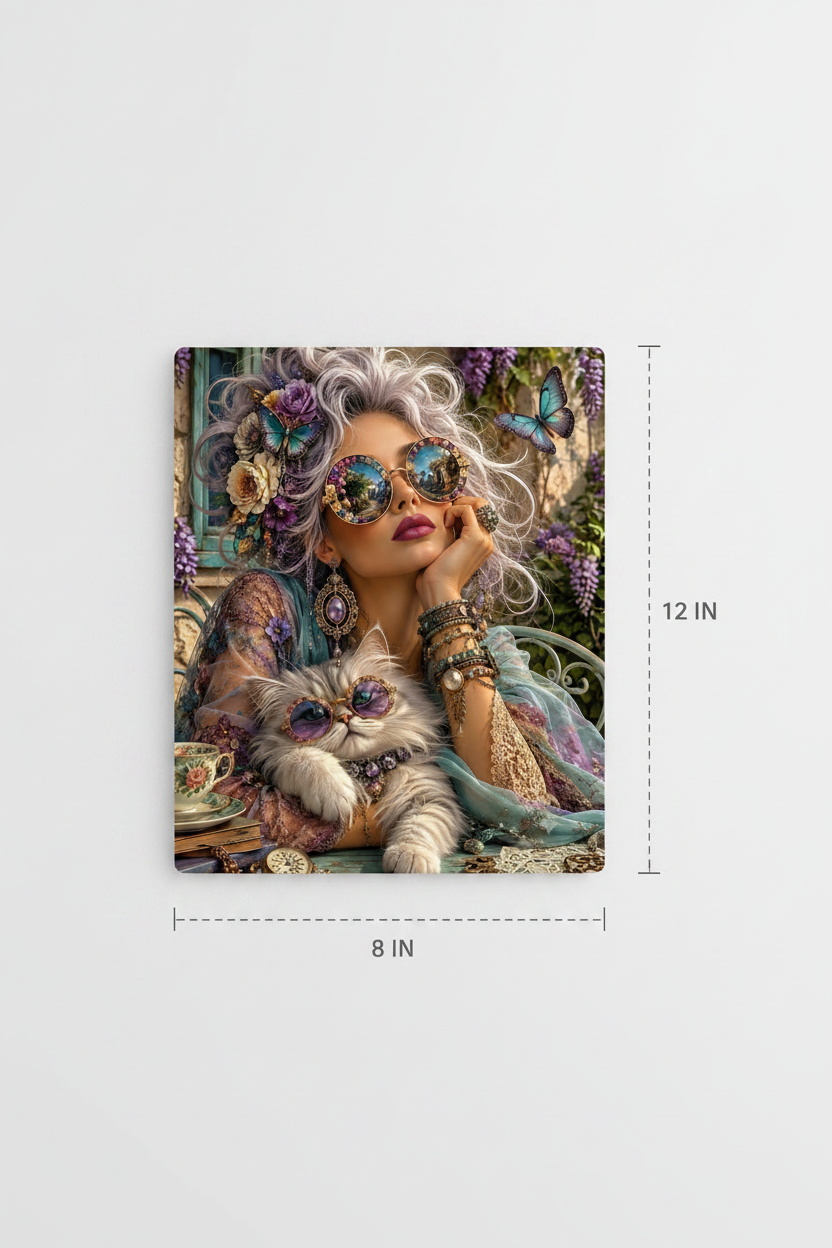 Boho Queen & Her Cat 8x12 metal print gallery wall mockup with dimension callout