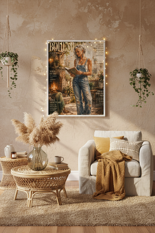 Boheme Wild Soul art print displayed in a framed boho living room setting
