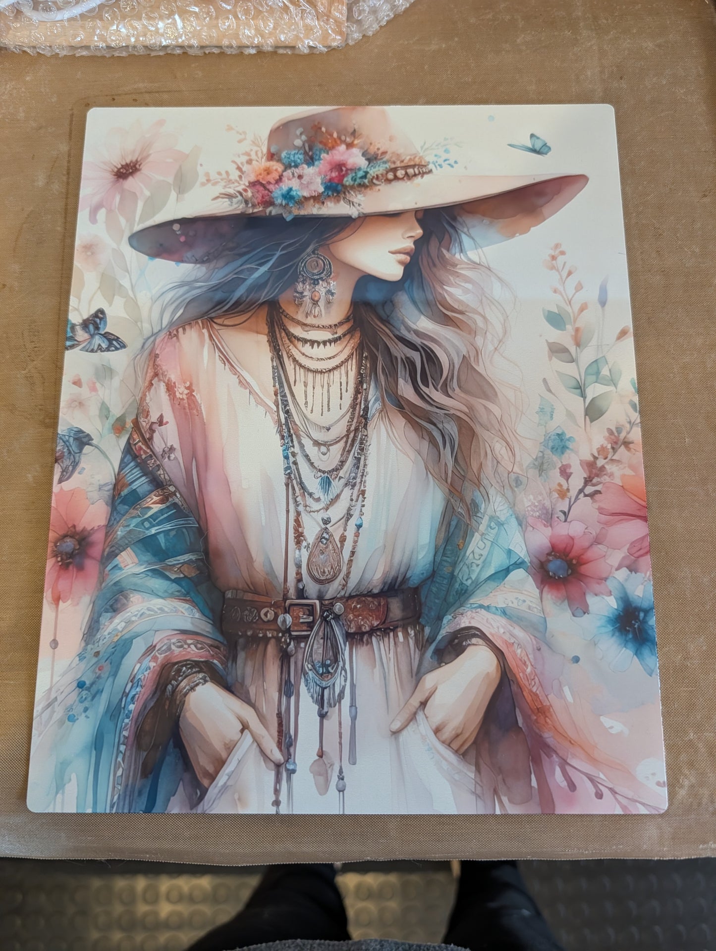 Boho-Chic Watercolor Woman Metal Art Print – 8x10 Soft Floral Desert Cowgirl Wall Decor