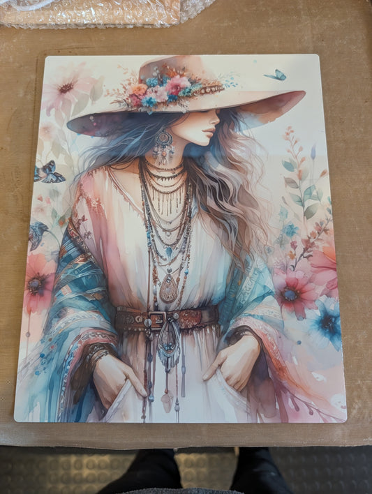 Boho-Chic Watercolor Woman Metal Art Print – 8x10 Soft Floral Desert Cowgirl Wall Decor
