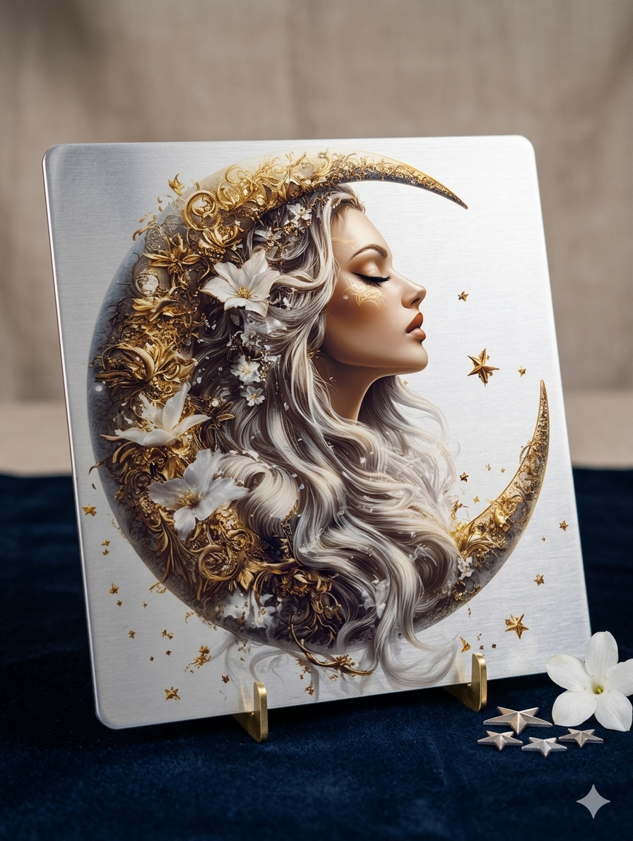 Celestial Goddess & Golden Moon – Premium 8x8 Metal Art Print