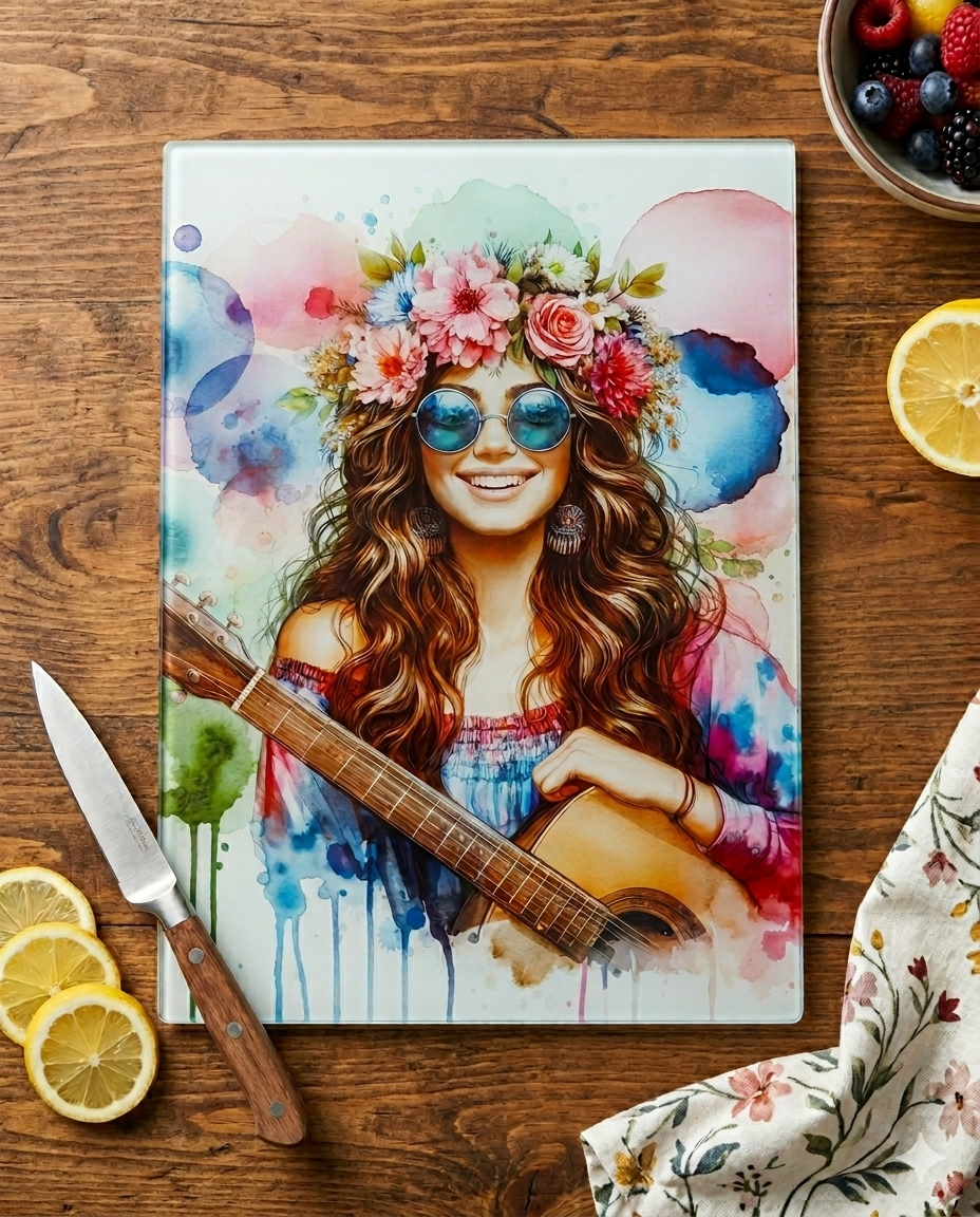 Boho Gypsy Soul Acoustic Guitar Girl Glass Cutting Board & Art Piece