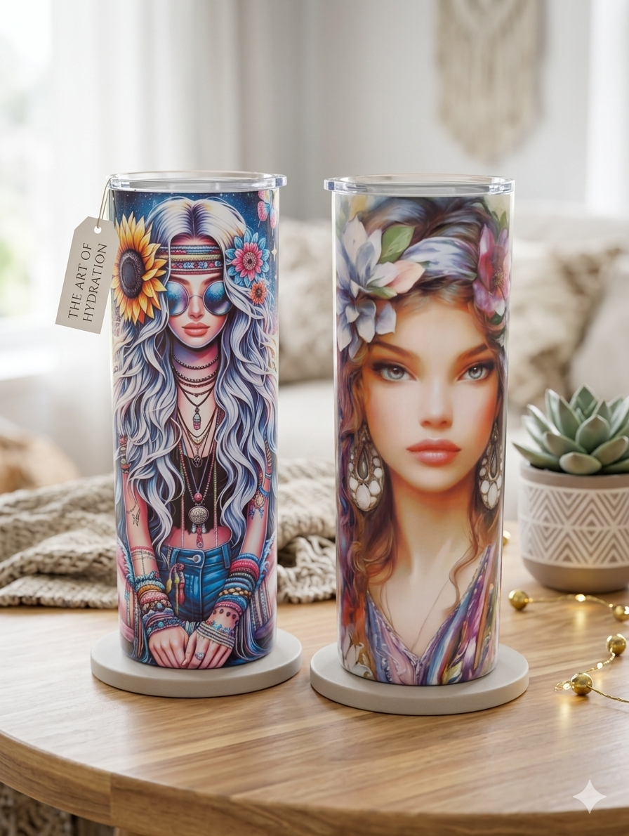Bohemian Art Insulated Skinny Tumbler - Vibrant Floral Goddess Travel Coffee Mug, Festival Style Hydration Cup