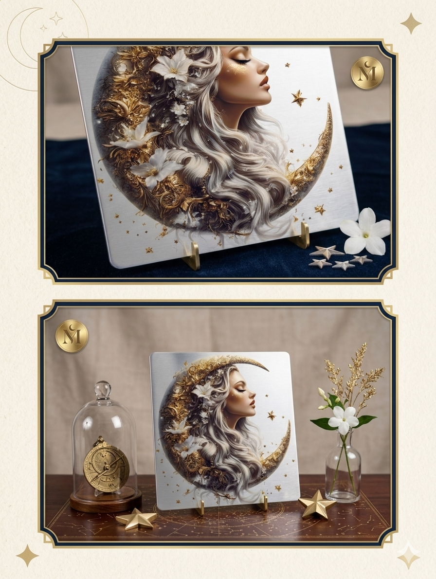 Celestial Goddess & Golden Moon – Premium 8x8 Metal Art Print